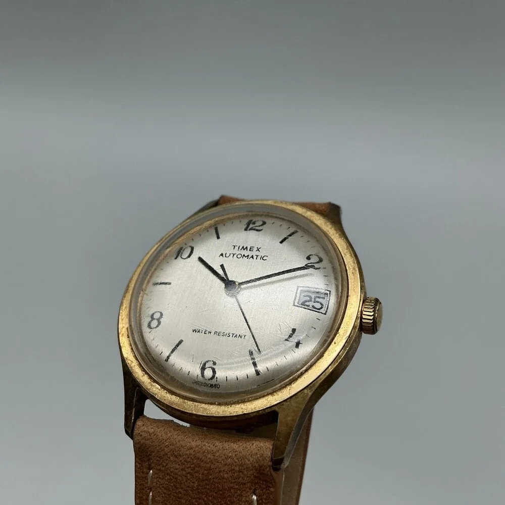 Vintage Timex Automatic Mens Watch 35mm Gold Tone Date Brown Leather Strap